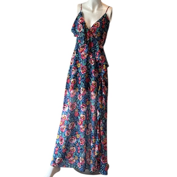 Lovers + Friends Darcy Rose Garden Blue Multi Floral Maxi Dress with Slit Size S - Picture 3 of 13